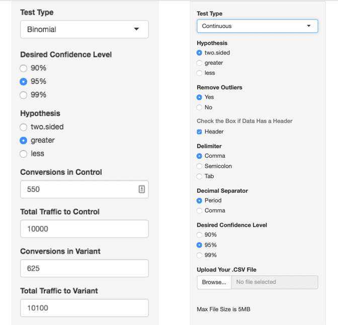 image showing the statistical significance calculator interface