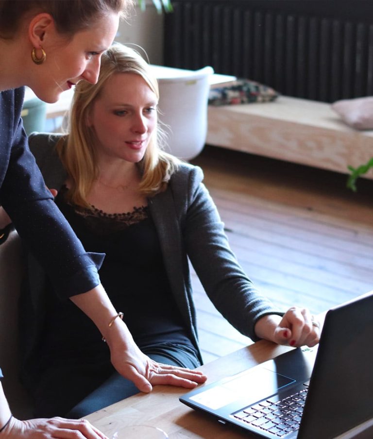 coworkers examining customer segmentation on laptop