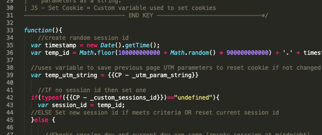 screenshot representing the script needed to implement the session id custom dimensions