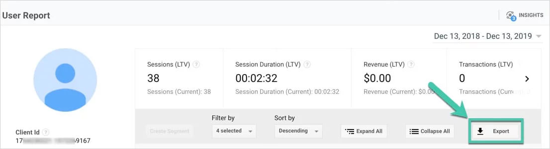 google analytics user report export screenshot