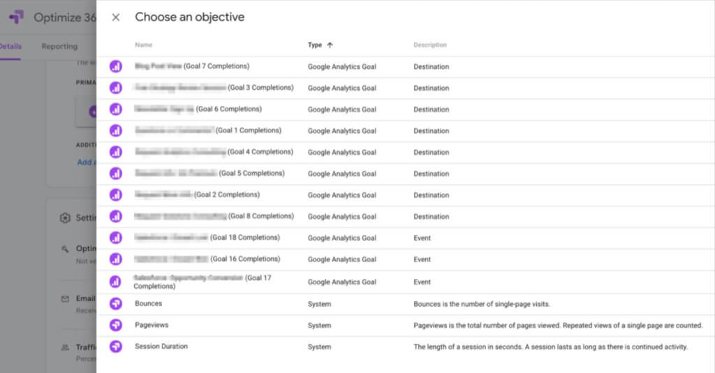 google optimize 360 objectives example screenshot