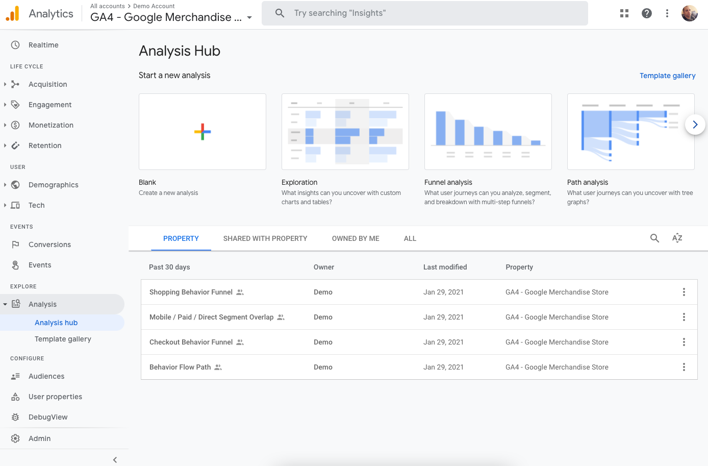 screenshot of google analytics 4 analysis hub