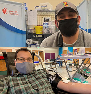 Mathew Carmean and Greg Heapy donating blood