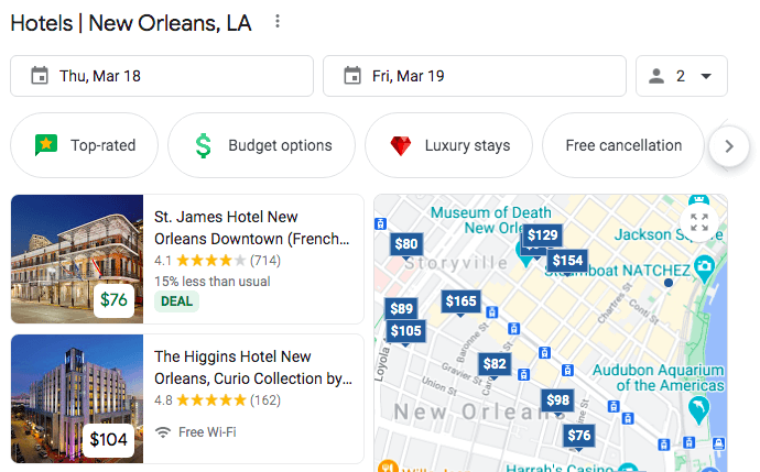 example of google travel industry result type