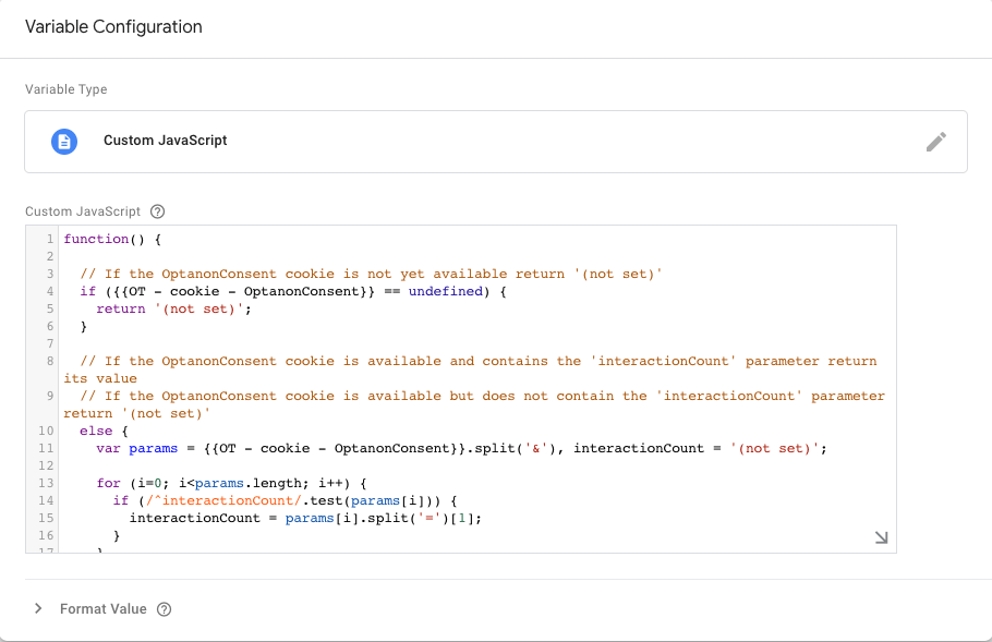 Custom javascript variable configuration code