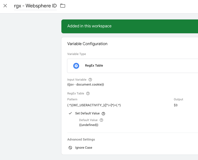 regext table configuration in GTM