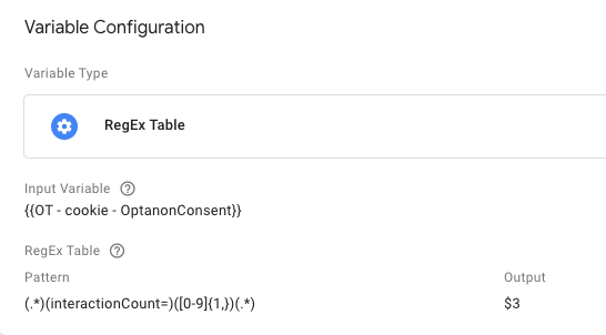 Regex table code configuration