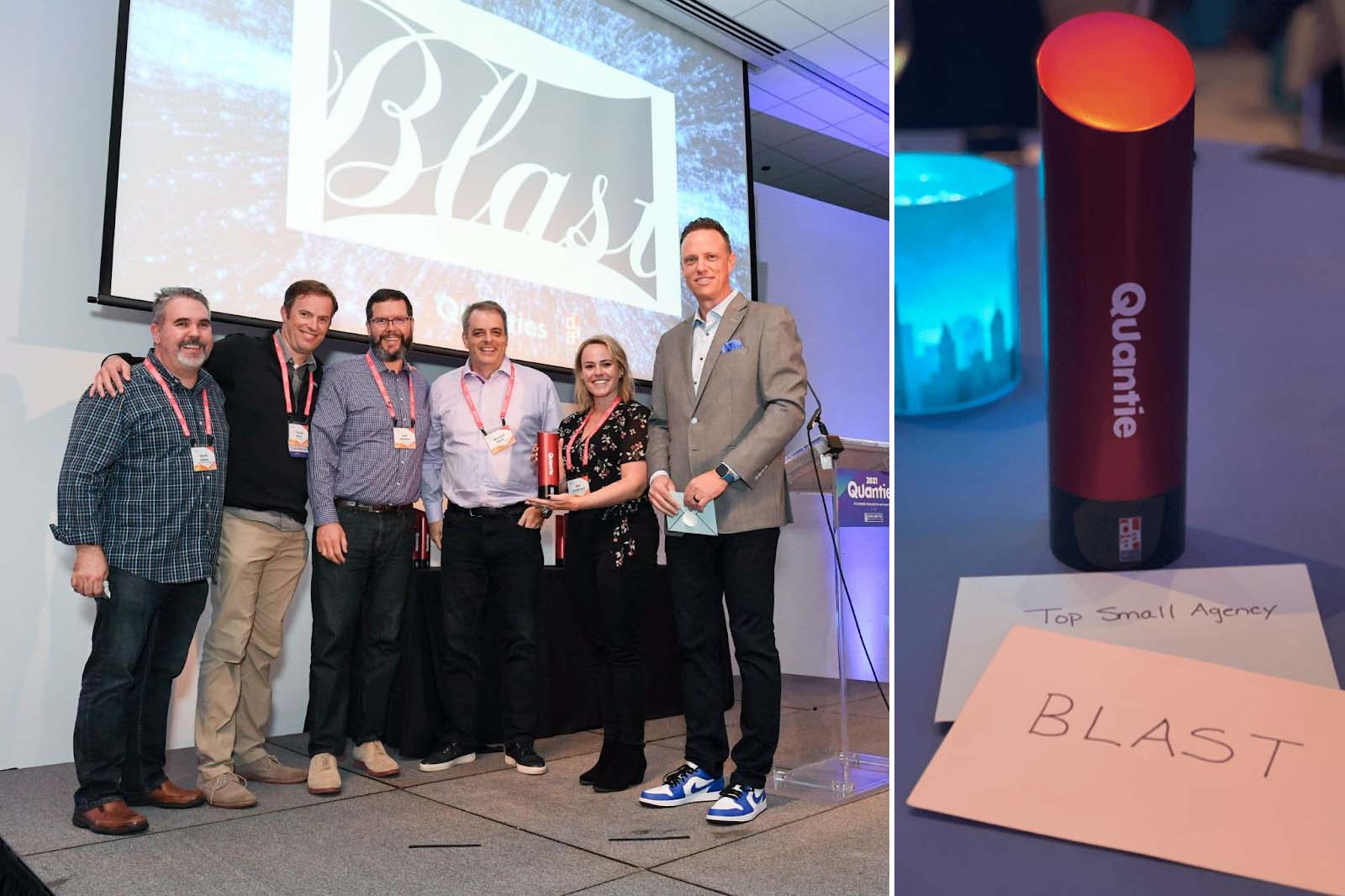 Blast accepts its 2021 Quanties award for Top Small Agency. Pictured from left to right: Blast attendees David Dobes, Charles Davis, Jess Johnson, Mike Amer, and Kim Stevenson with presenter Jeff Allen, Head of Product Marketing at Adobe Analytics.