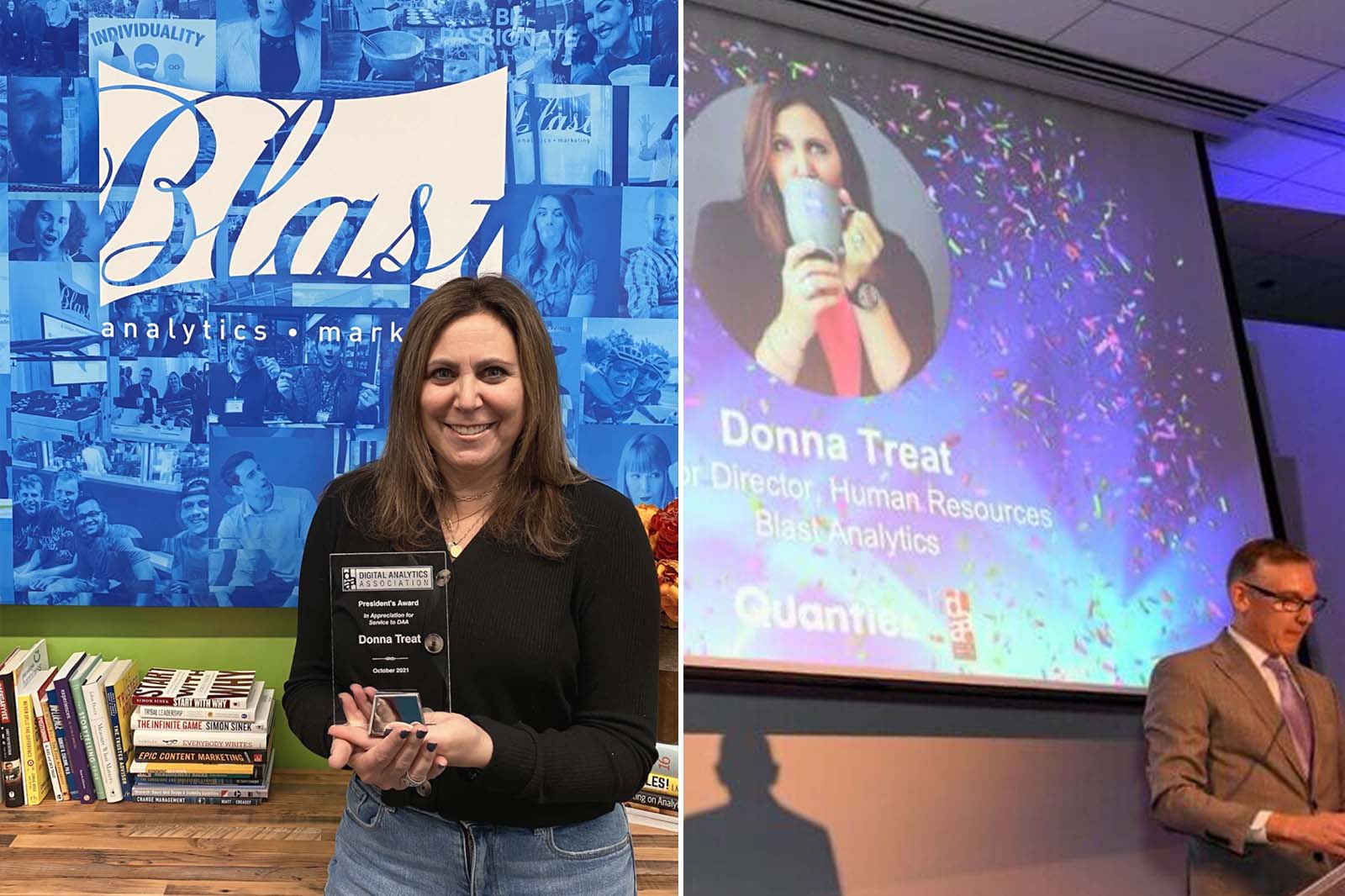 Left: Donna Treat, with the prestigious DAA President’s Award. Right: Donna Treat, shown on screen, was honored with the DAA’s 2021 President’s Award for her contributions to the organization and industry.