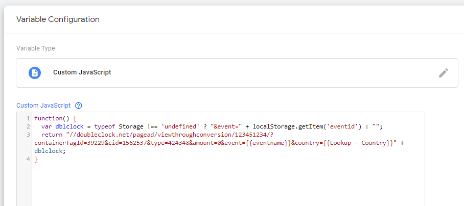 screenshot of variable configuration with custom javascript