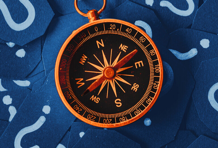 a compass surrounded by question marks - what's possible with customer journey optimization?