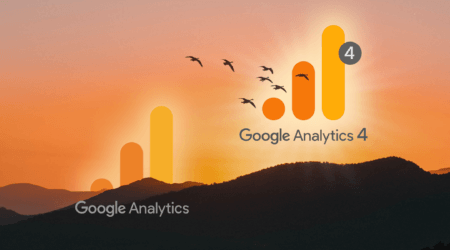 a sunset in the mountains; the google analytics logo disappears behind the mountains as the google analytics 4 logo rises into the sky