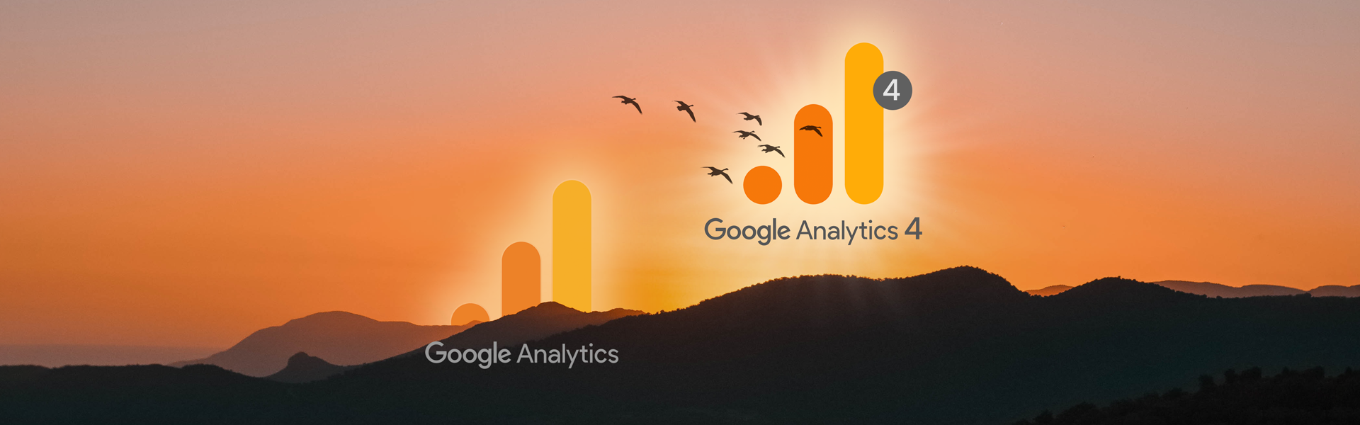 a sunset in the mountains; the google analytics logo disappears behind the mountains as the google analytics 4 logo rises into the sky