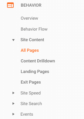 google analytics website view of the behavior menu