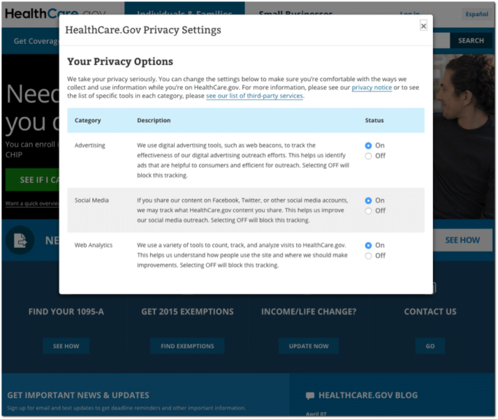 Data Privacy Settings at Healthcare.gov CMS data privacy modal screenshot
