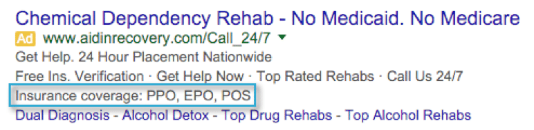 Adwords Structured Snippets for chemical dependency rehab