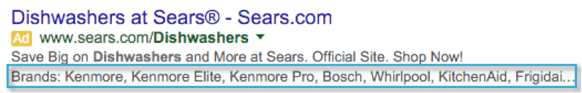 Adwords Structured Snippets for dishwashers at Sears