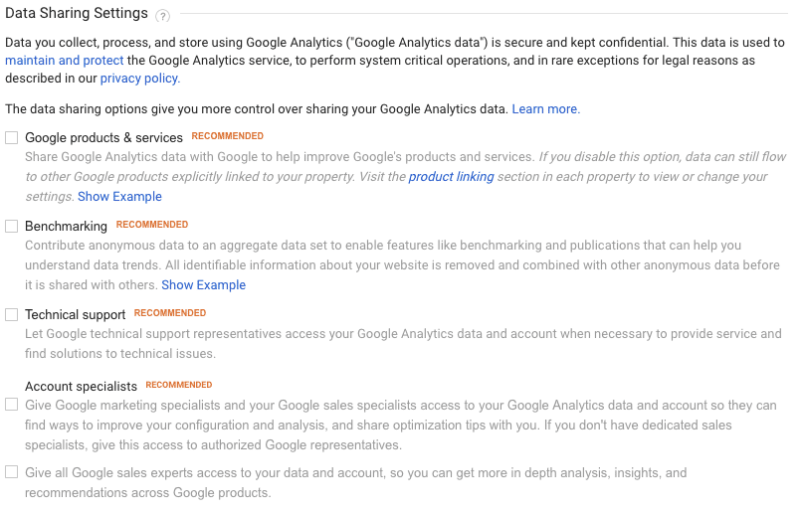 screen grab representing data sharing settings in google analytics for gdpr