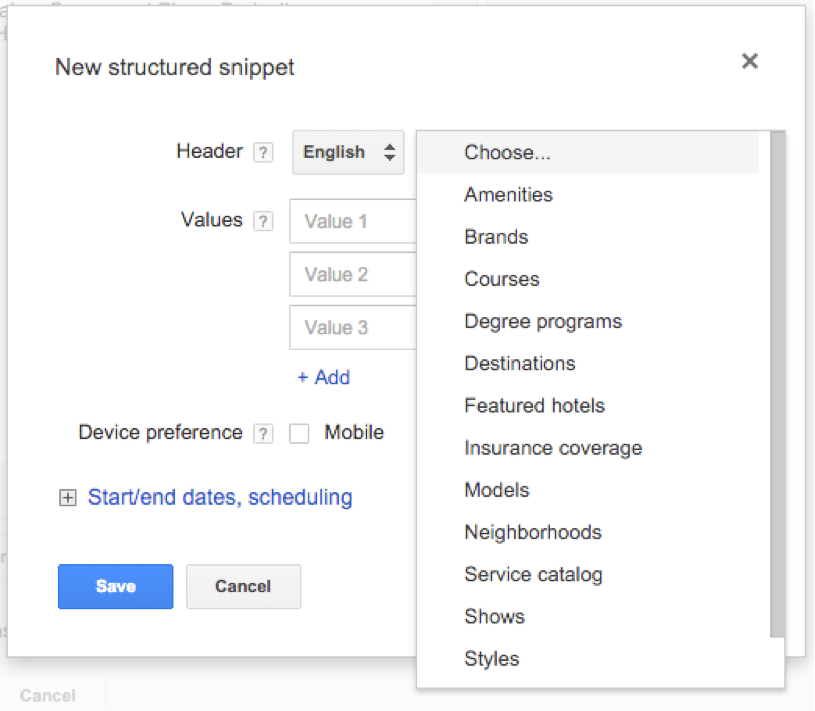 Google Adwords structured snippet extension Interface