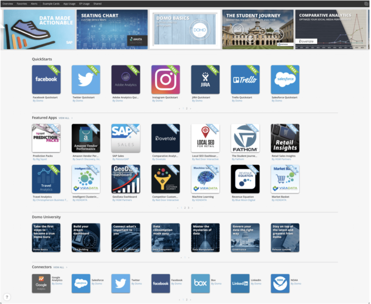 image of domo connectors, featured apps, etc