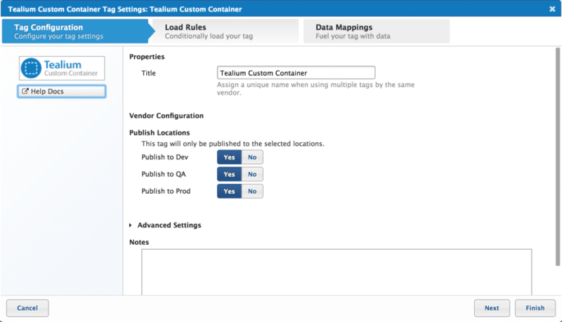 Tealium Customer Container Tag Settings screenshot of customer container tag setting in tealium IQ