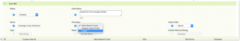 screenshot of Adobe Analytics linear attribution option