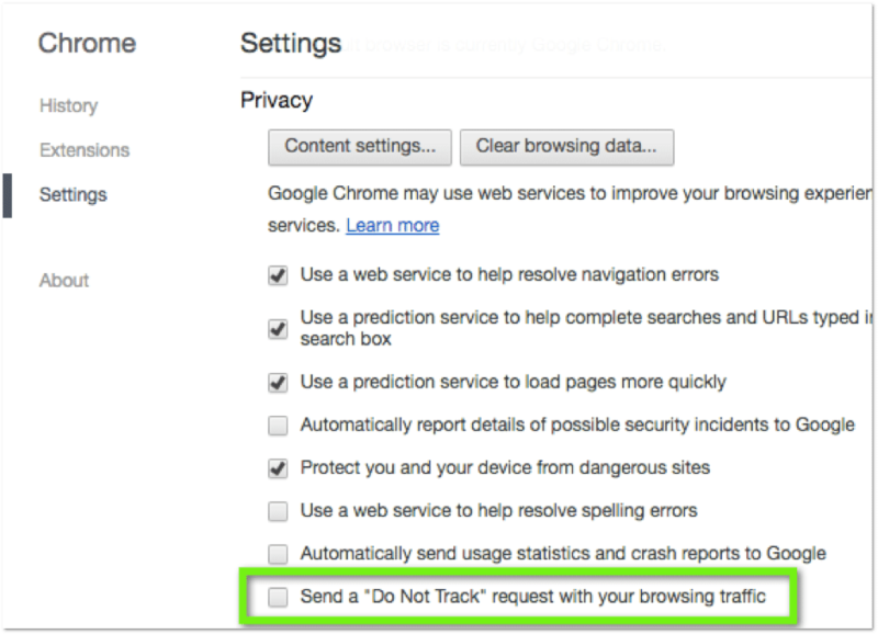 Do Not Track Settings Chrome Browser Do Not Track (DNT) settings screenshot