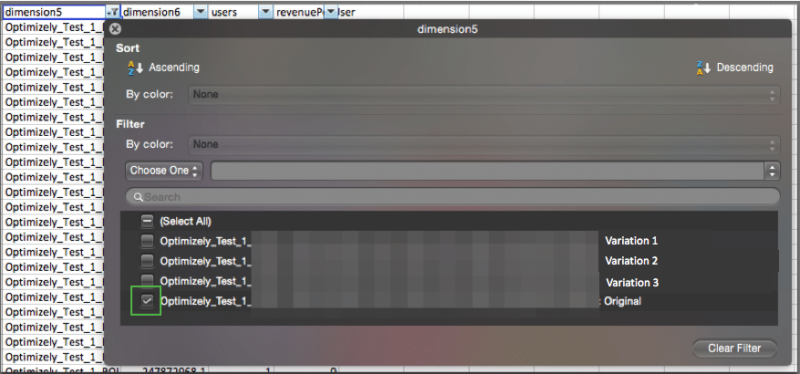 screenshot showing how to filter data before using revenue significance calculator