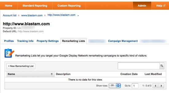 Google Analytics Remarketing Lists Screenshot