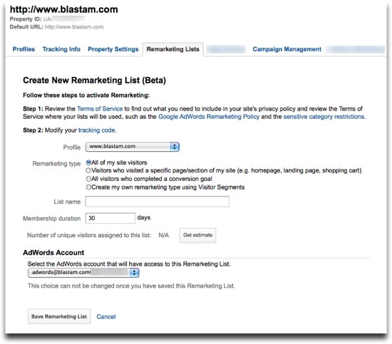 Google Analytics Remarketing Lists - Create New