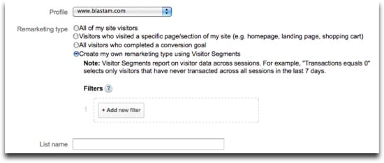 Google Analytics Remarketing Lists - Visitor Segment Example