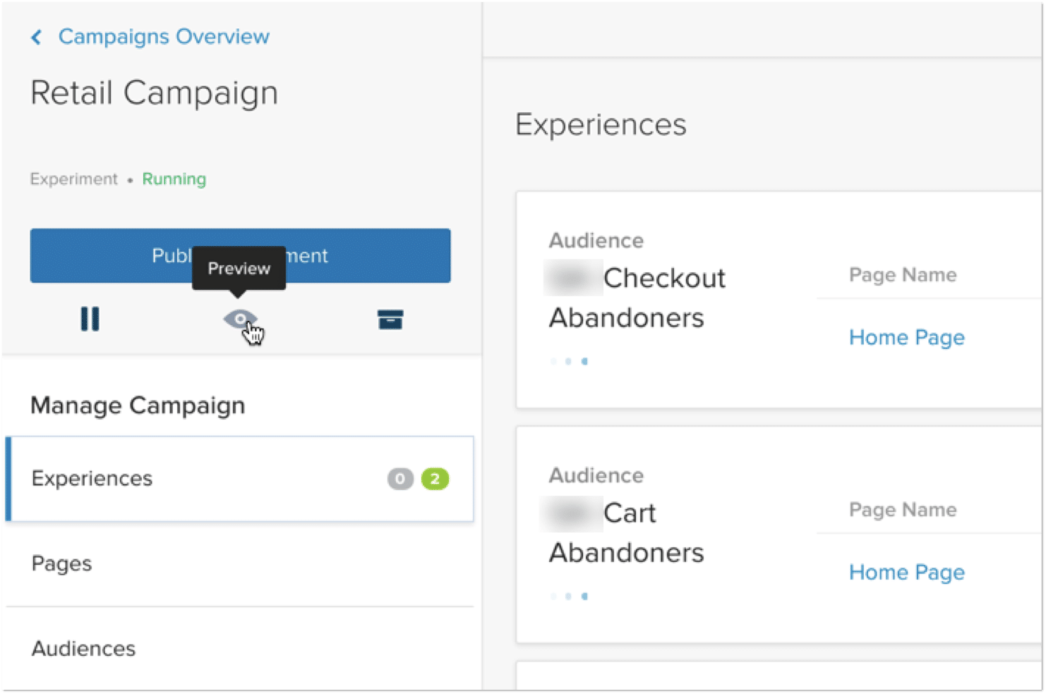 image of optimizely personalization campaigns overview screen