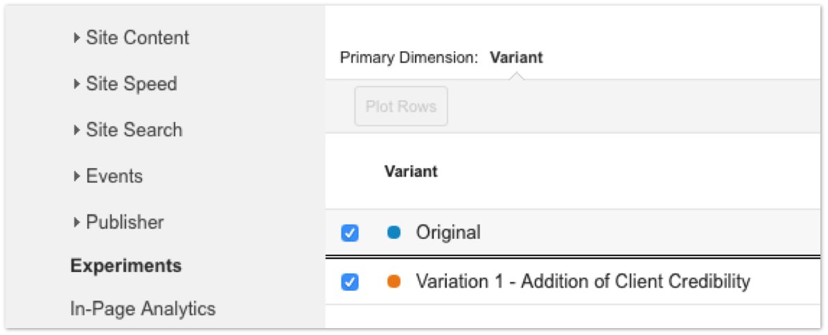 screenshot of optimize 360 experiments report