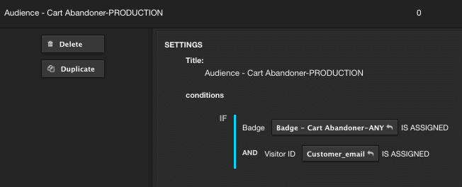 screenshot showing AudienceStream cart abandoner criteria