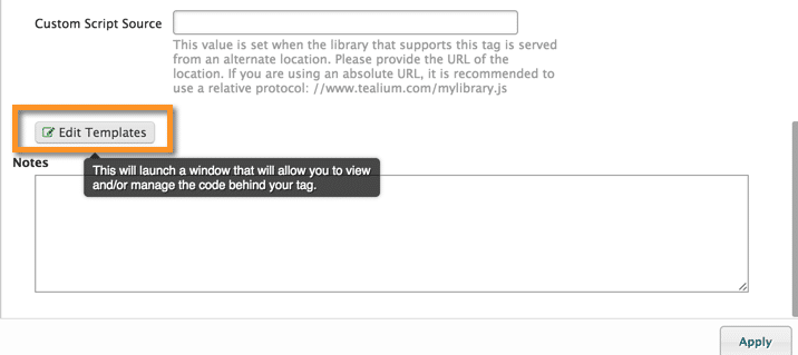 Edit Templates Options for Viewing Code Behind Tag image showing edit templates option in tealium