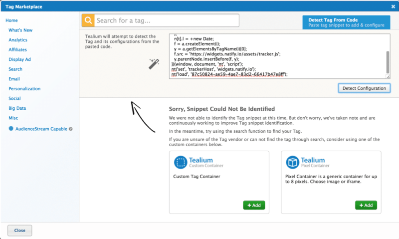 Tealium Tag Marketplace No Snippet Identified notice that no snippet was identified in tealium tag marketplace