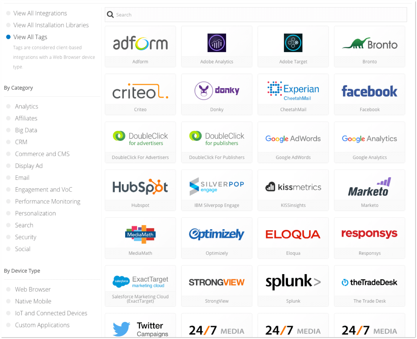 Tealium Tag Integrations visual list of Tealium tag integrations