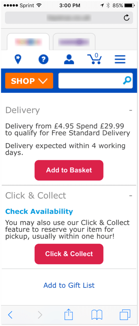 image of delivery options on mobile website